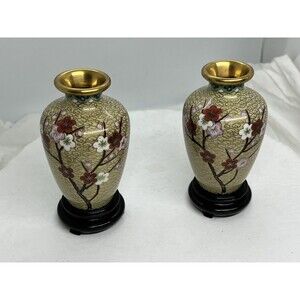 Pair Of Jingfa China Cherry Blossom Enameled Vases With Bases Labeled Beige 4 In